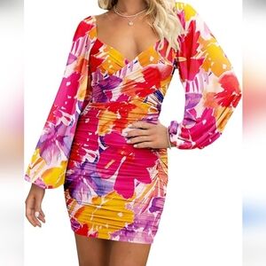 BTFBM Elegant Ruched Dresses for Women – Summer/Fall Mesh Long Sleeve V-Neck Par